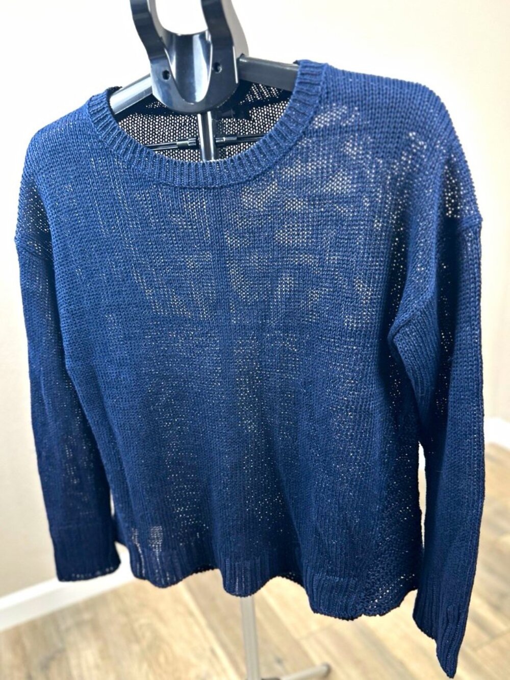 J.Crew Women’s M Navy Blue 100% Linen Open Knit Crew Neck Pullover Sweater